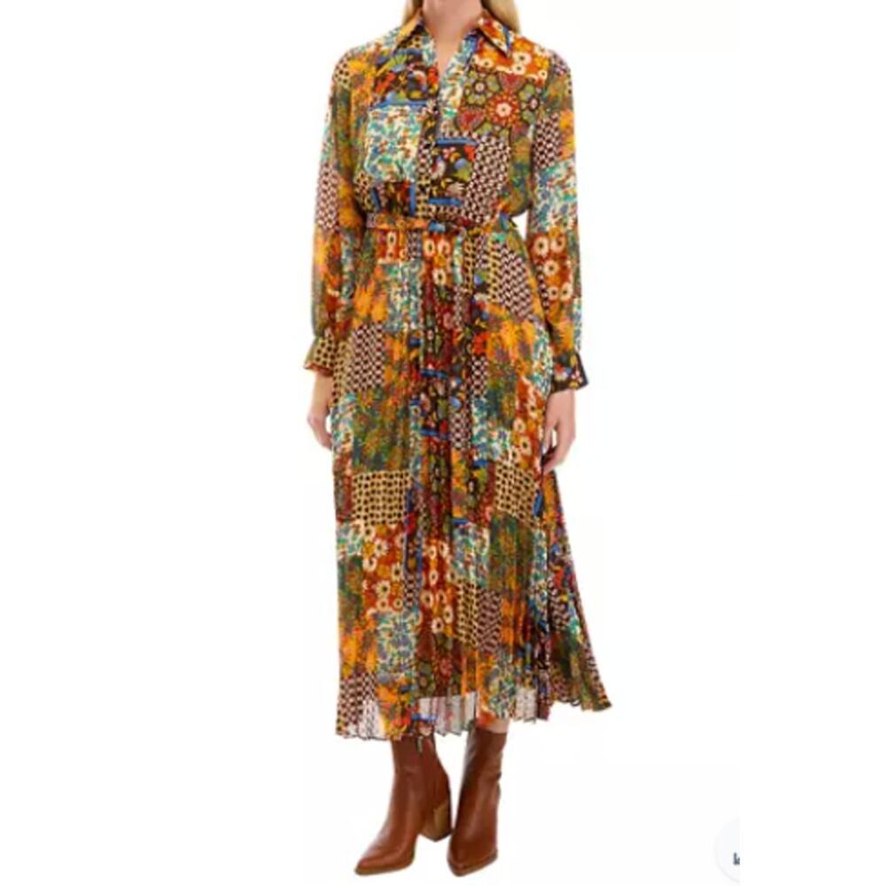Emma & Michele‎ Women L Long Sleeve Scarf Patchwork Pleated Midi Shirtdress - Picture 9 of 9